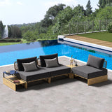 5Pcs Teak Outdoor Sectional Sofa Set with Coffee Table and Cushion in Natural & Gray