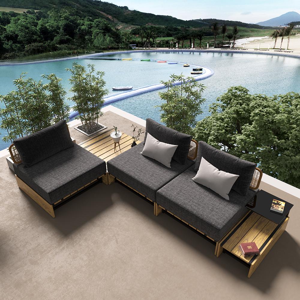 5Pcs Teak Outdoor Sectional Sofa Set with Coffee Table and Cushion in Natural & Gray