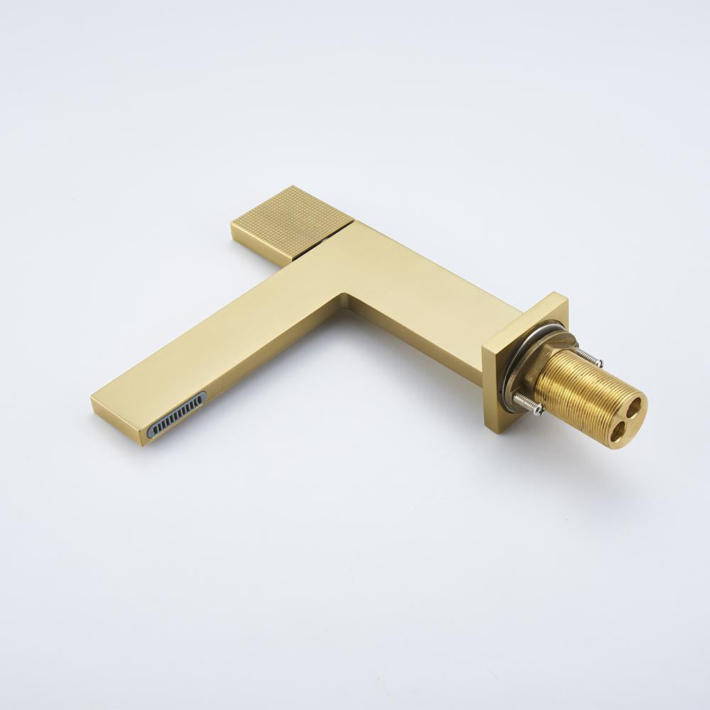 Brushed Gold Modern Bathroom Sink Faucet Single Handle 1-Hole Solid Brass