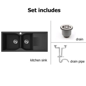 45" Black Quartz Kitchen Sink Double Bowl Drop-In Sink with Drain Board