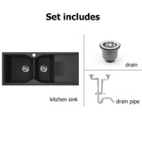 45" Black Quartz Kitchen Sink Double Bowl Drop-In Sink with Drain Board
