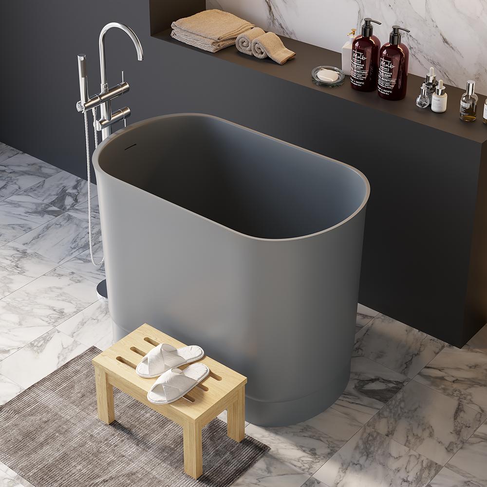 40" Modern Deep Oval Freestanding Matte White Stone Resin Japanese Soaking Bathtub