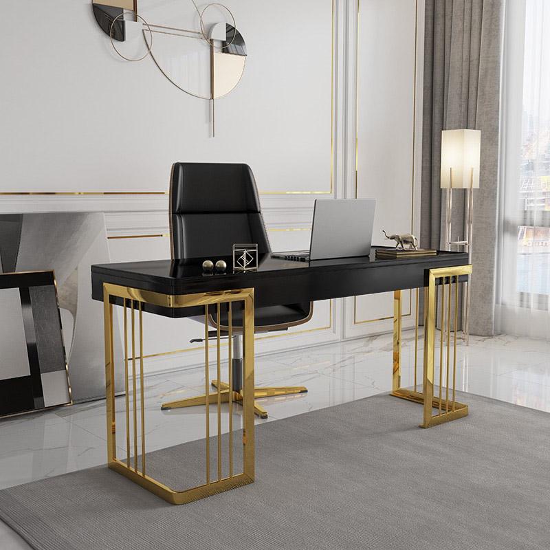 47" Glossy White Wooden Writing Desk Modern Desk Computer Desk with Drawers in Gold Base