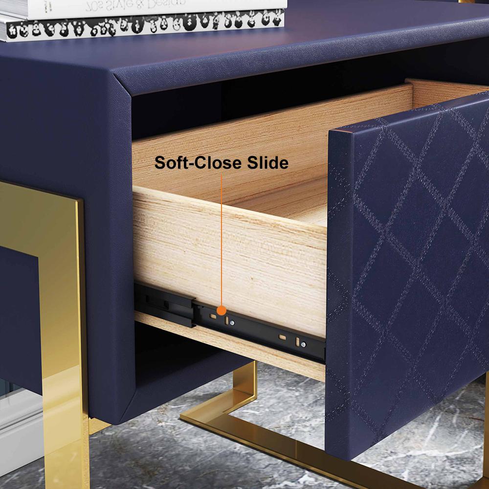 Modern Nightstand with Drawer, PU Leather in Deep Blue, Gold Leg