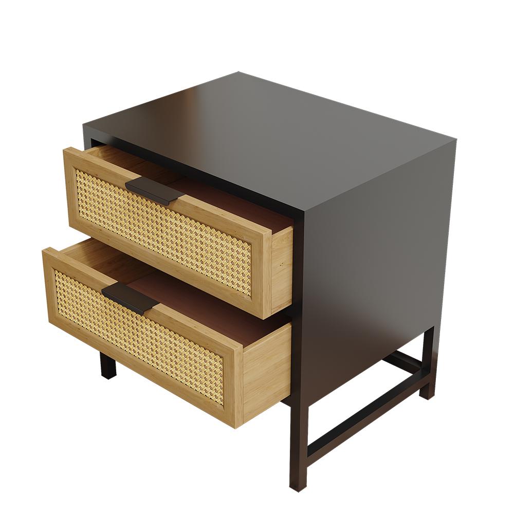 Industrial Nightstand Rattan Nightstand with 2 Drawers Storage for Bedroom