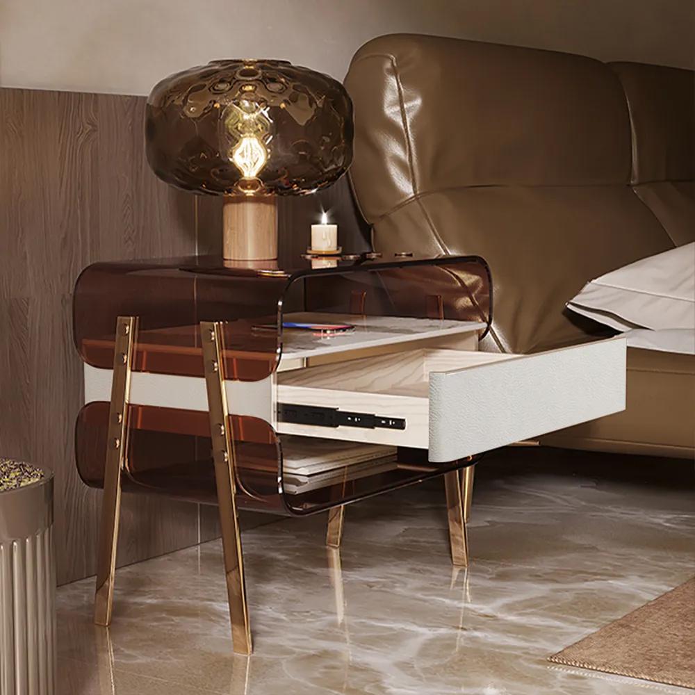 Modern Lighted Brown Nightstand with Wireless Charging Station Acrylic Bedside Table