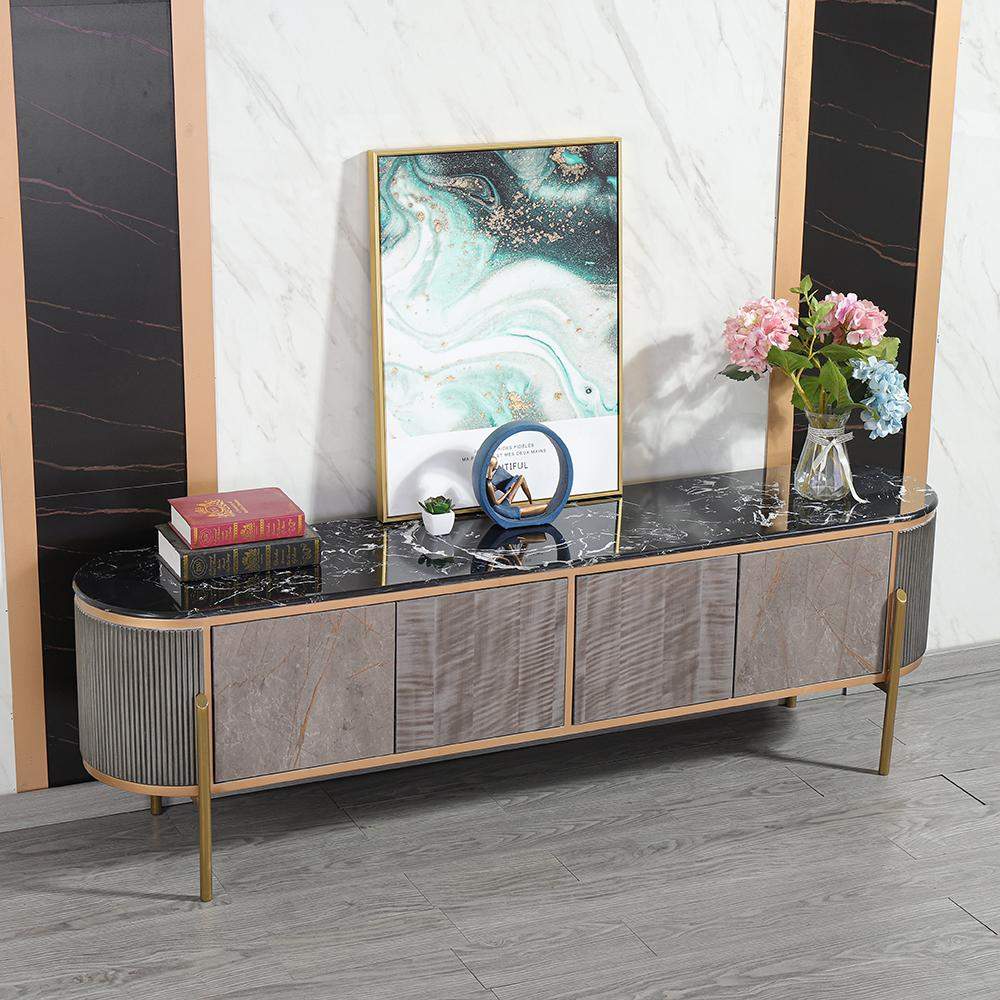 Contemporary Oval Gray TV Stand Faux Marble Top Media Console 4 Doors 2 Shelves-Wehomz-Furniture,Living Room Furniture,TV Stands