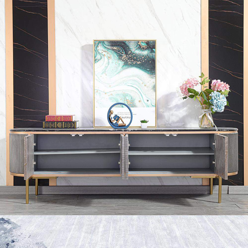 Contemporary Oval Gray TV Stand Faux Marble Top Media Console 4 Doors 2 Shelves-Wehomz-Furniture,Living Room Furniture,TV Stands