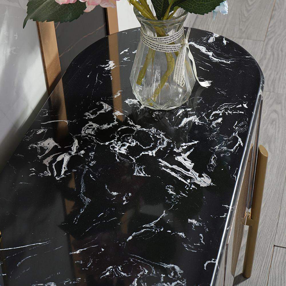 Contemporary Oval Gray TV Stand Faux Marble Top Media Console 4 Doors 2 Shelves-Wehomz-Furniture,Living Room Furniture,TV Stands