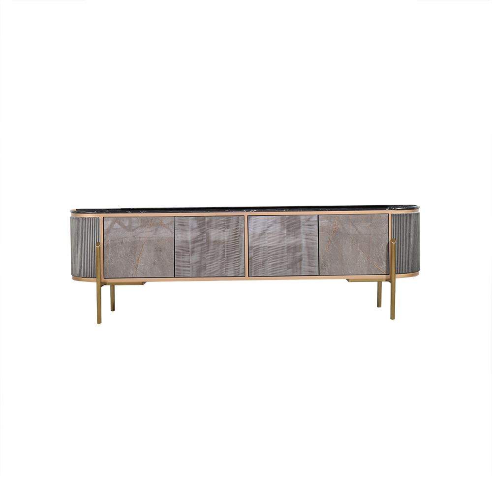 Contemporary Oval Gray TV Stand Faux Marble Top Media Console 4 Doors 2 Shelves-Wehomz-Furniture,Living Room Furniture,TV Stands