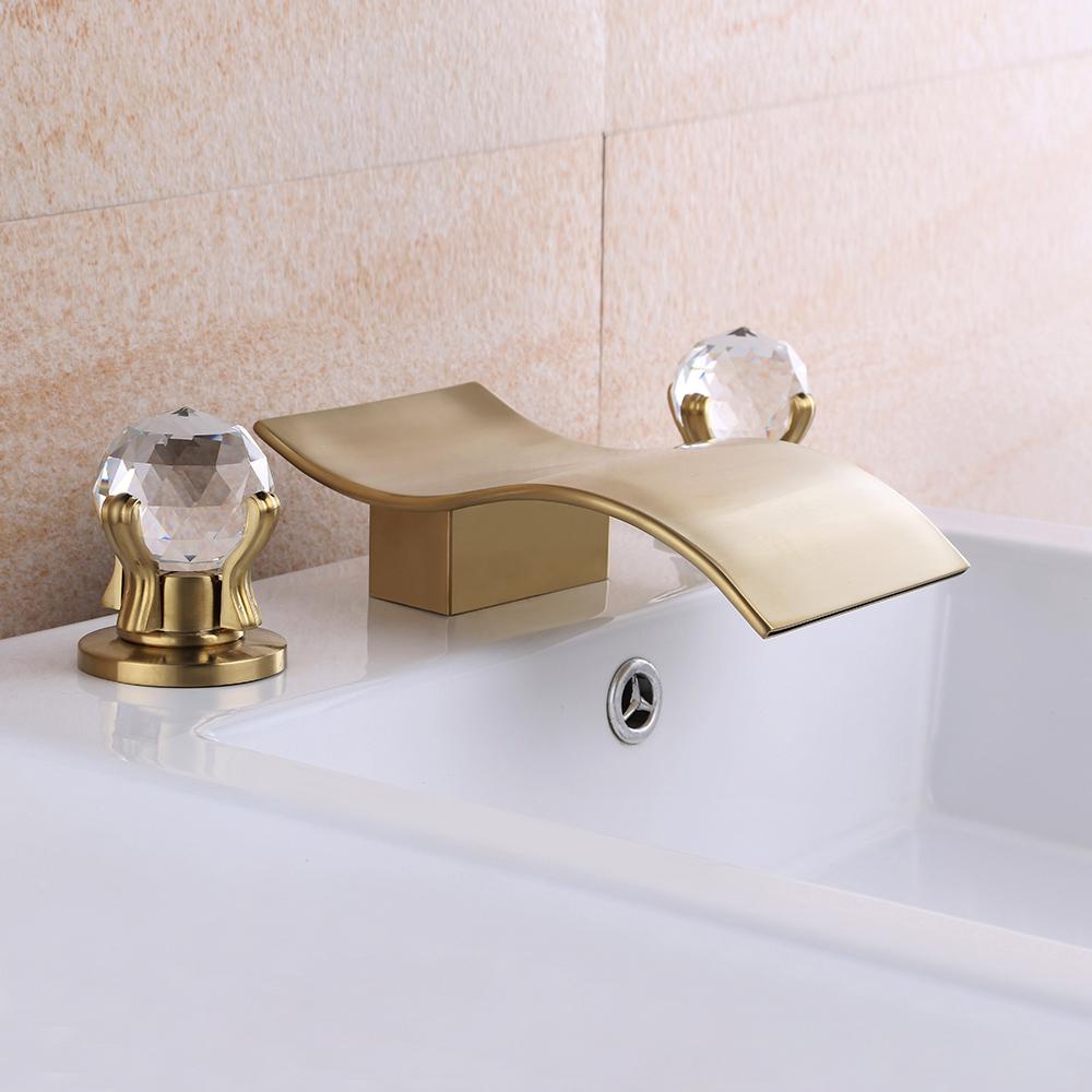 Deck Mount Widespread Waterfall 2 Crystal Handle Bathroom Sink Faucet in Brushed Gold