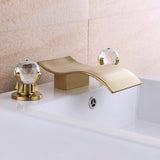 Deck Mount Widespread Waterfall 2 Crystal Handle Bathroom Sink Faucet in Brushed Gold