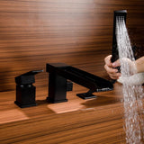 Mero 1-Handle Deck-Mount Waterfall Roman Tub Filler Faucet with Handshower Matte Black