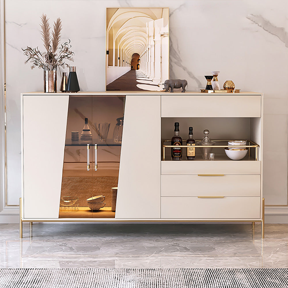 Minimalist Light Khaki Buffet Tempered Glass Doors & Shelf Sideboard Tray Wine Rack
