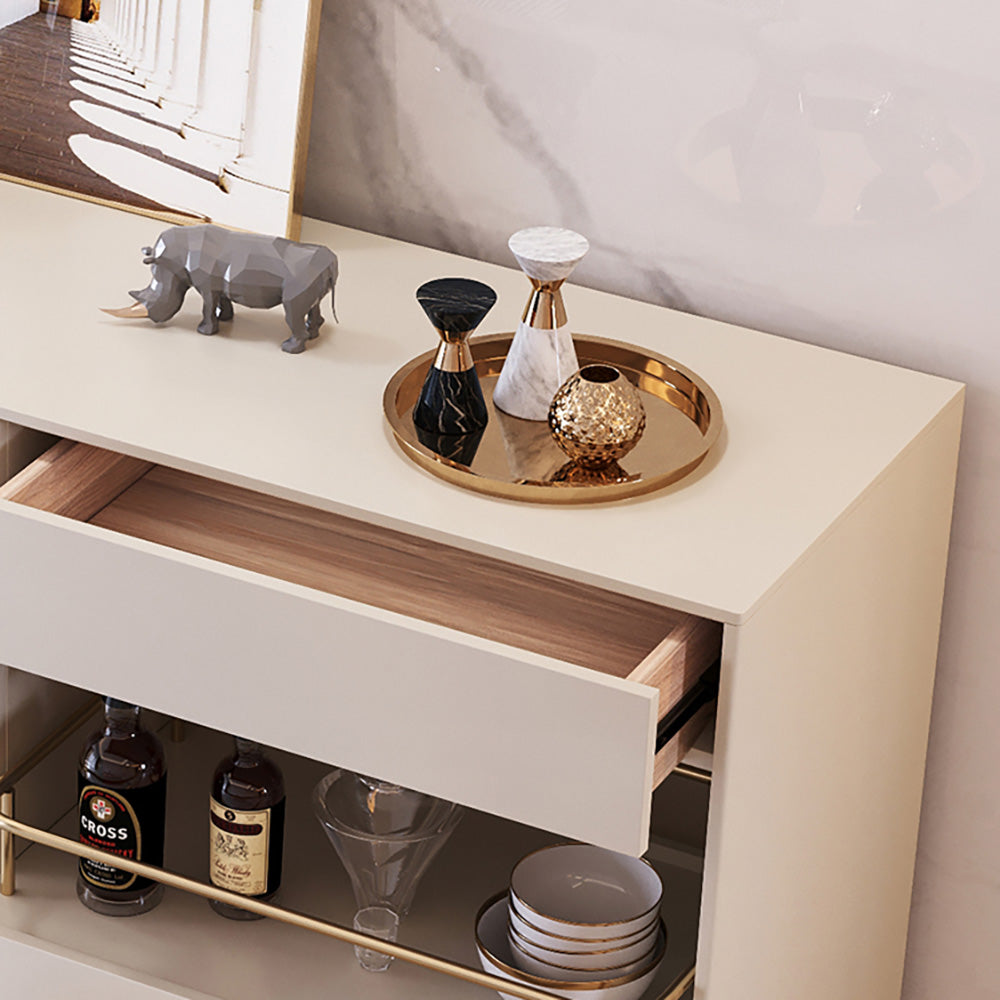 Minimalist Light Khaki Buffet Tempered Glass Doors & Shelf Sideboard Tray Wine Rack