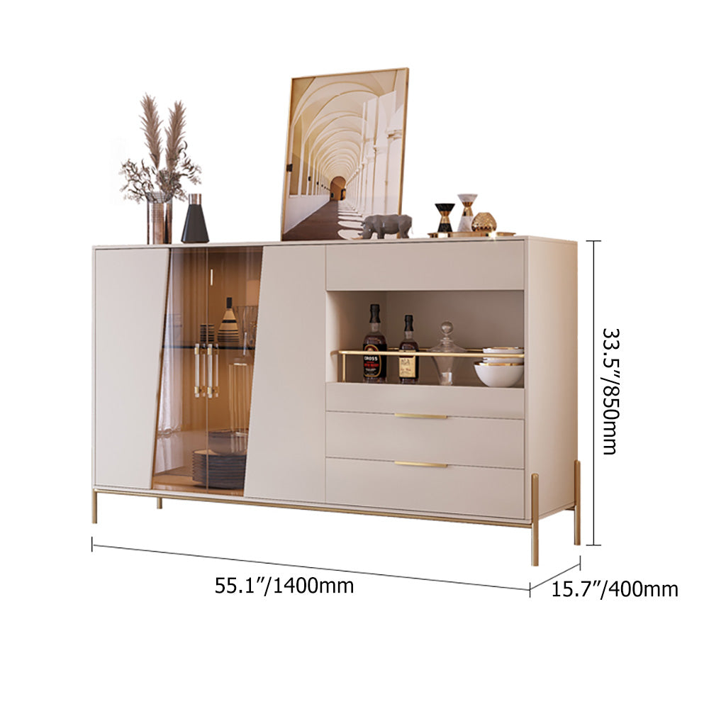 Minimalist Light Khaki Buffet Tempered Glass Doors & Shelf Sideboard Tray Wine Rack