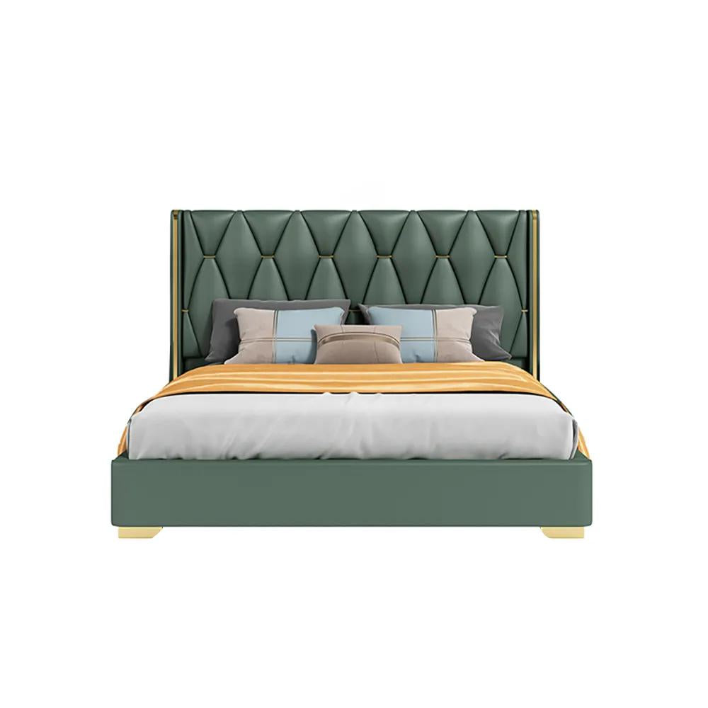 Queen Upholstered Platform Bed Green Low Profile Bed with Wood Slats