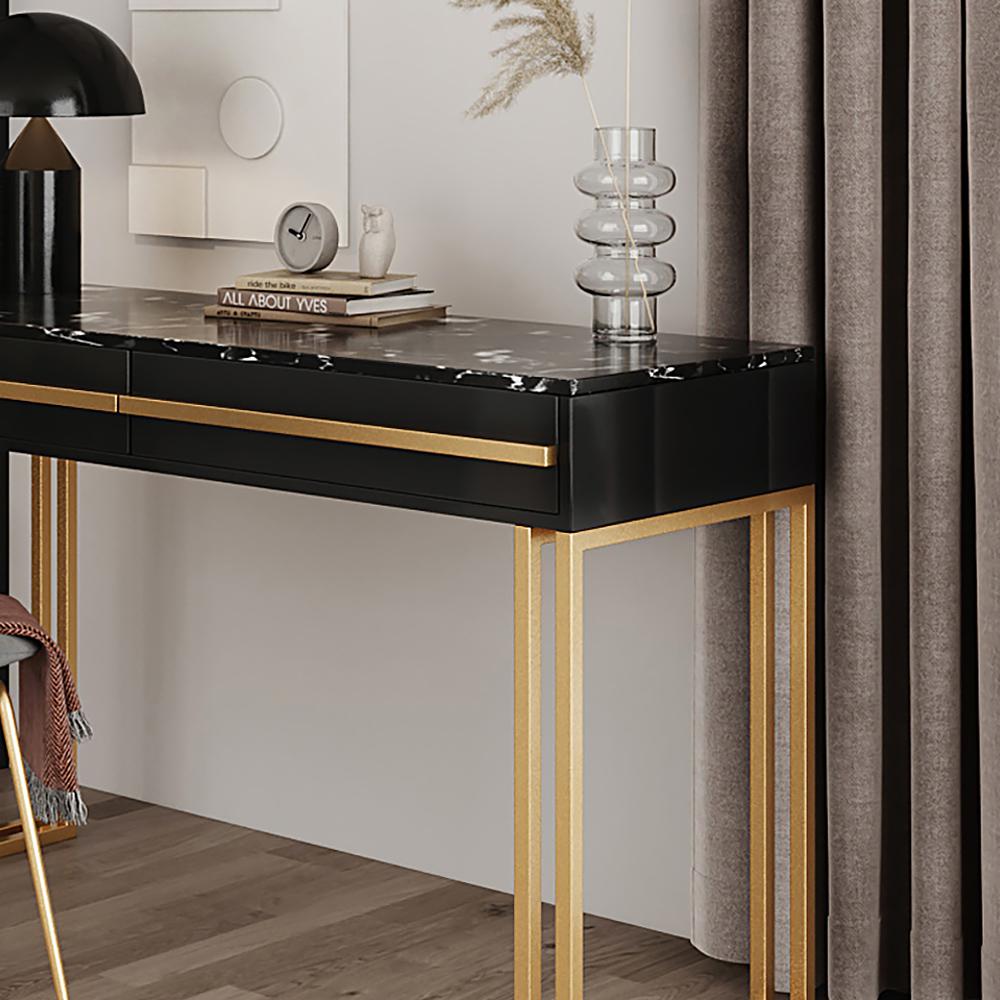39" Rectangular White Office Desk with Drawers Marble Veneer Top Gold Hardware