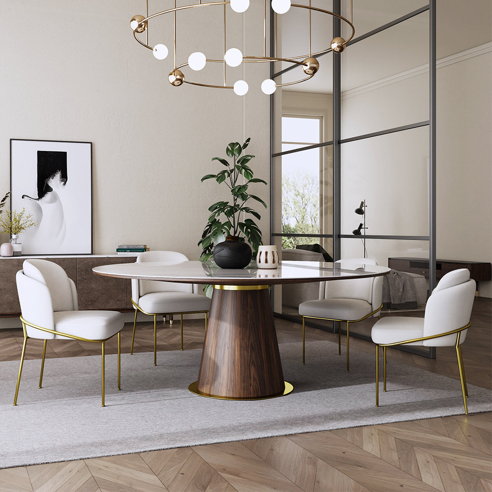 Mid Century 47" Round Dining Table White Faux Marble Tabletop for 6 Person Wooden Base