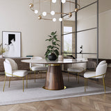 Mid Century 47" Round Dining Table White Faux Marble Tabletop for 6 Person Wooden Base