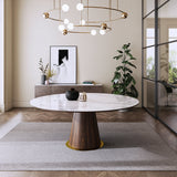 Mid Century 47" Round Dining Table White Faux Marble Tabletop for 6 Person Wooden Base