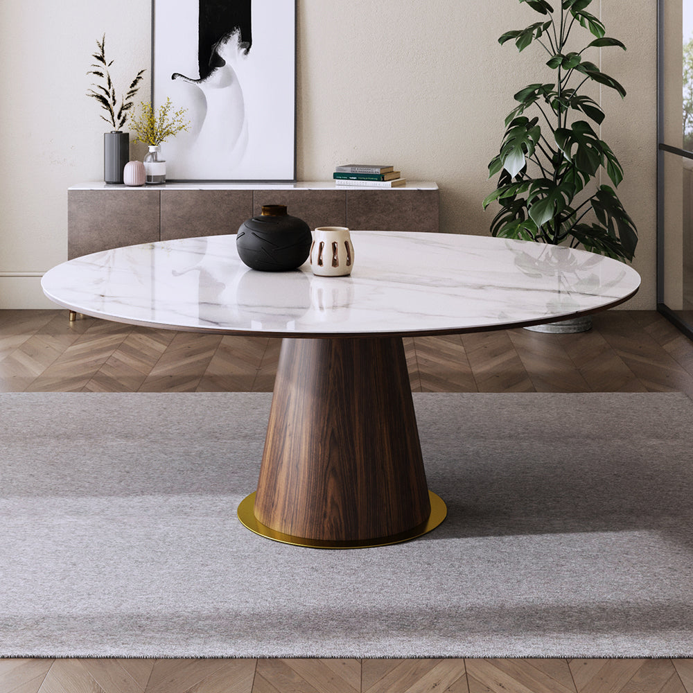 Mid Century 47" Round Dining Table White Faux Marble Tabletop for 6 Person Wooden Base