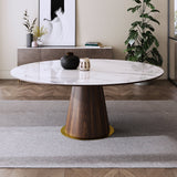 Mid Century 47" Round Dining Table White Faux Marble Tabletop for 6 Person Wooden Base