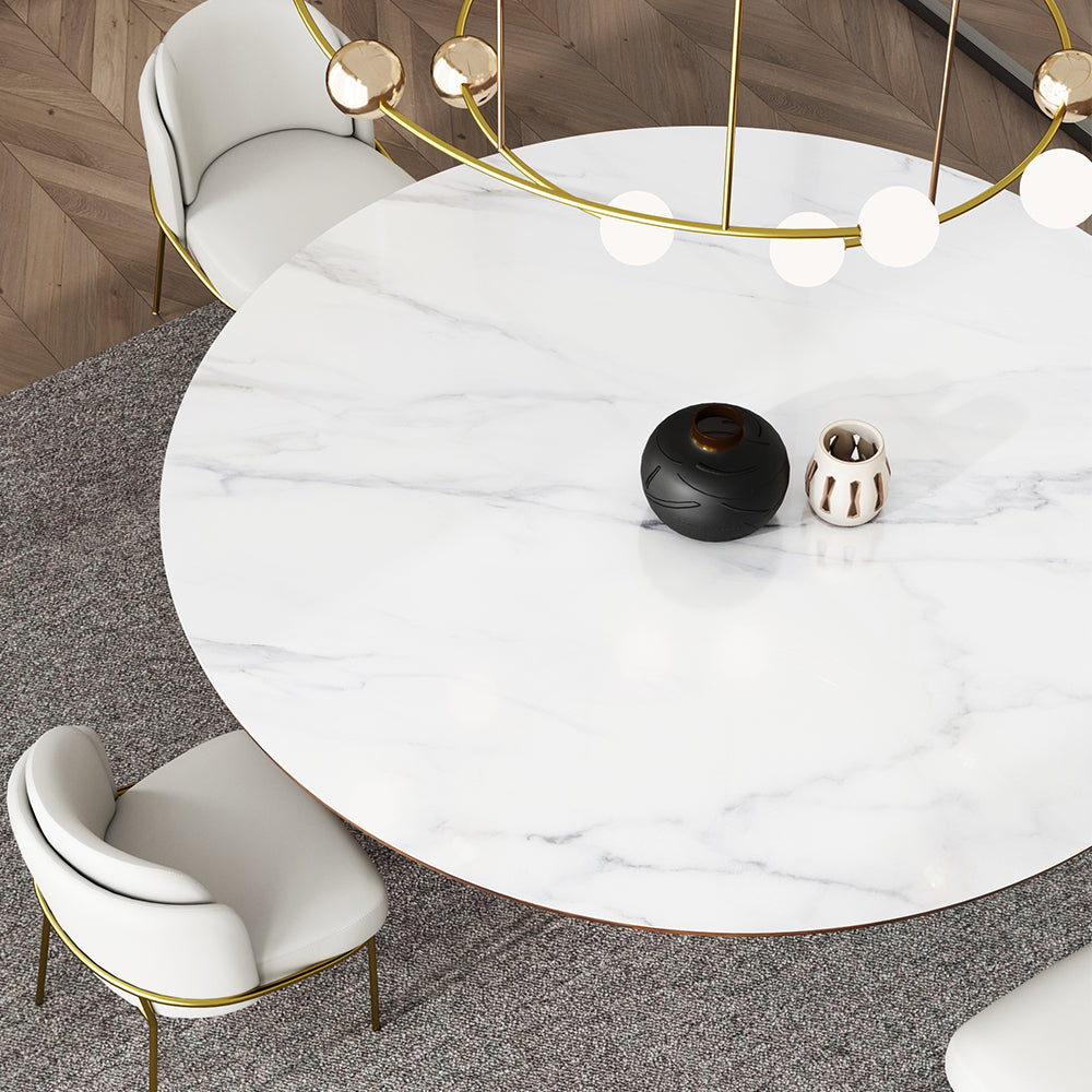 Mid Century 47" Round Dining Table White Faux Marble Tabletop for 6 Person Wooden Base