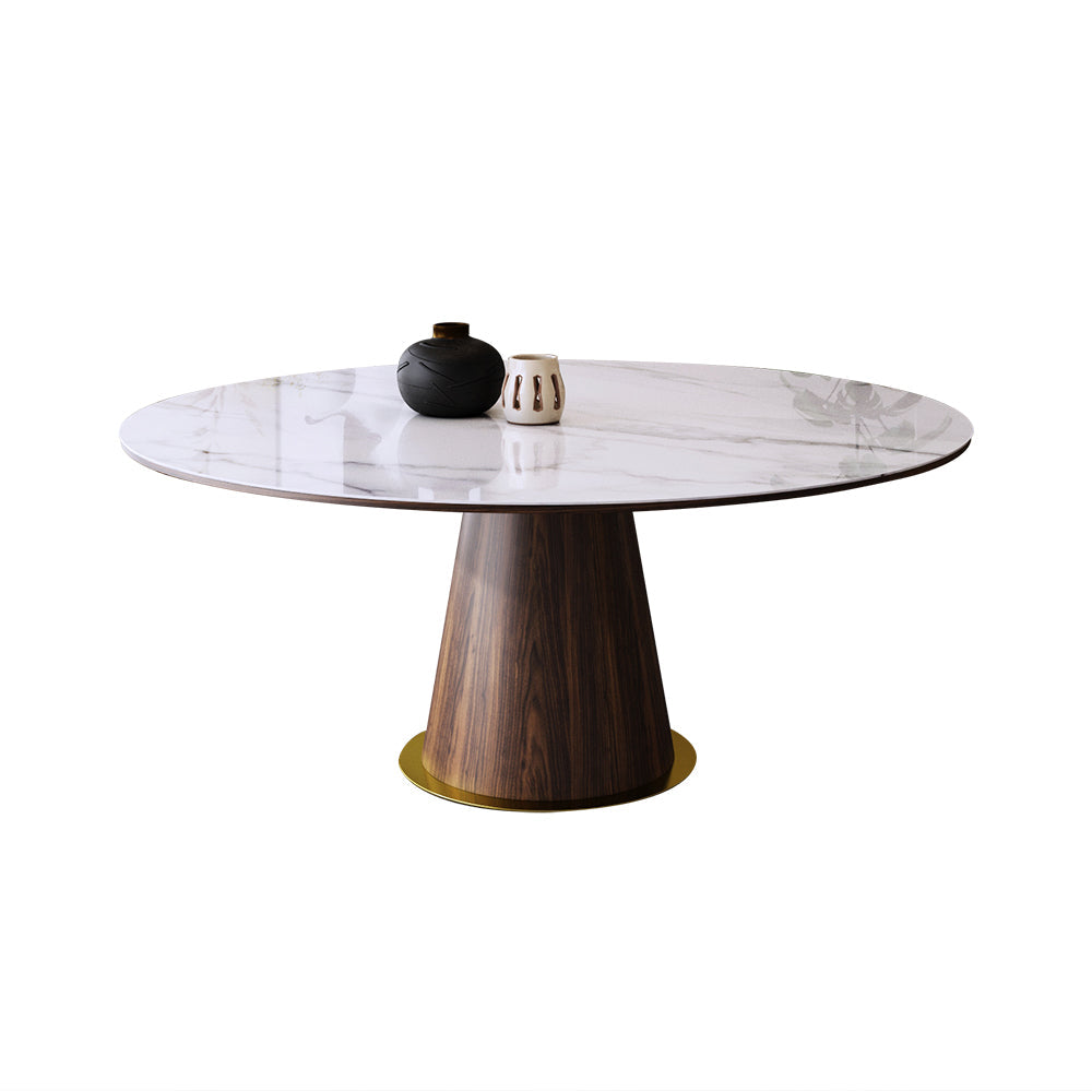 Mid Century 47" Round Dining Table White Faux Marble Tabletop for 6 Person Wooden Base