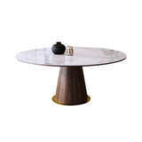 Mid Century 47" Round Dining Table White Faux Marble Tabletop for 6 Person Wooden Base