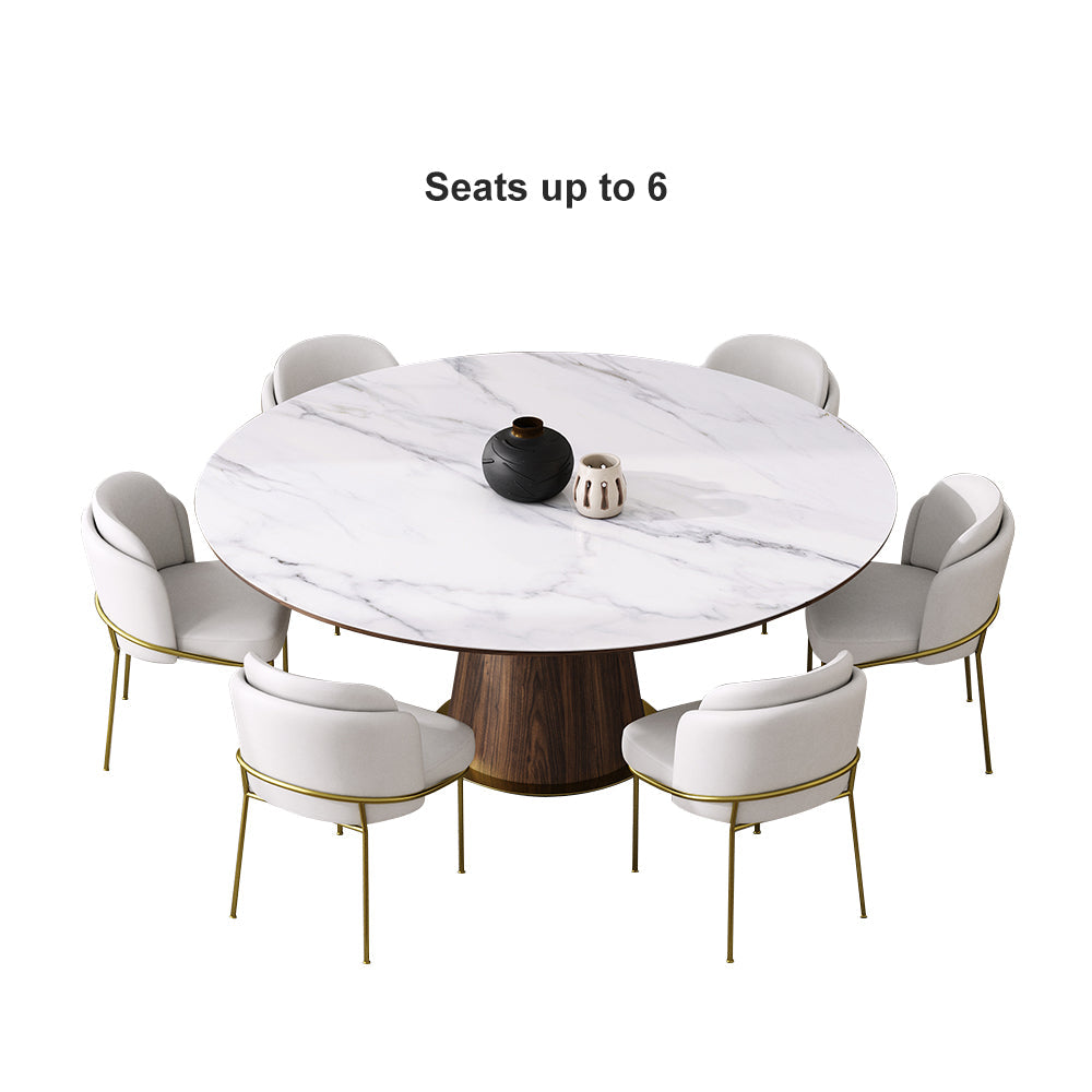 Mid Century 47" Round Dining Table White Faux Marble Tabletop for 6 Person Wooden Base