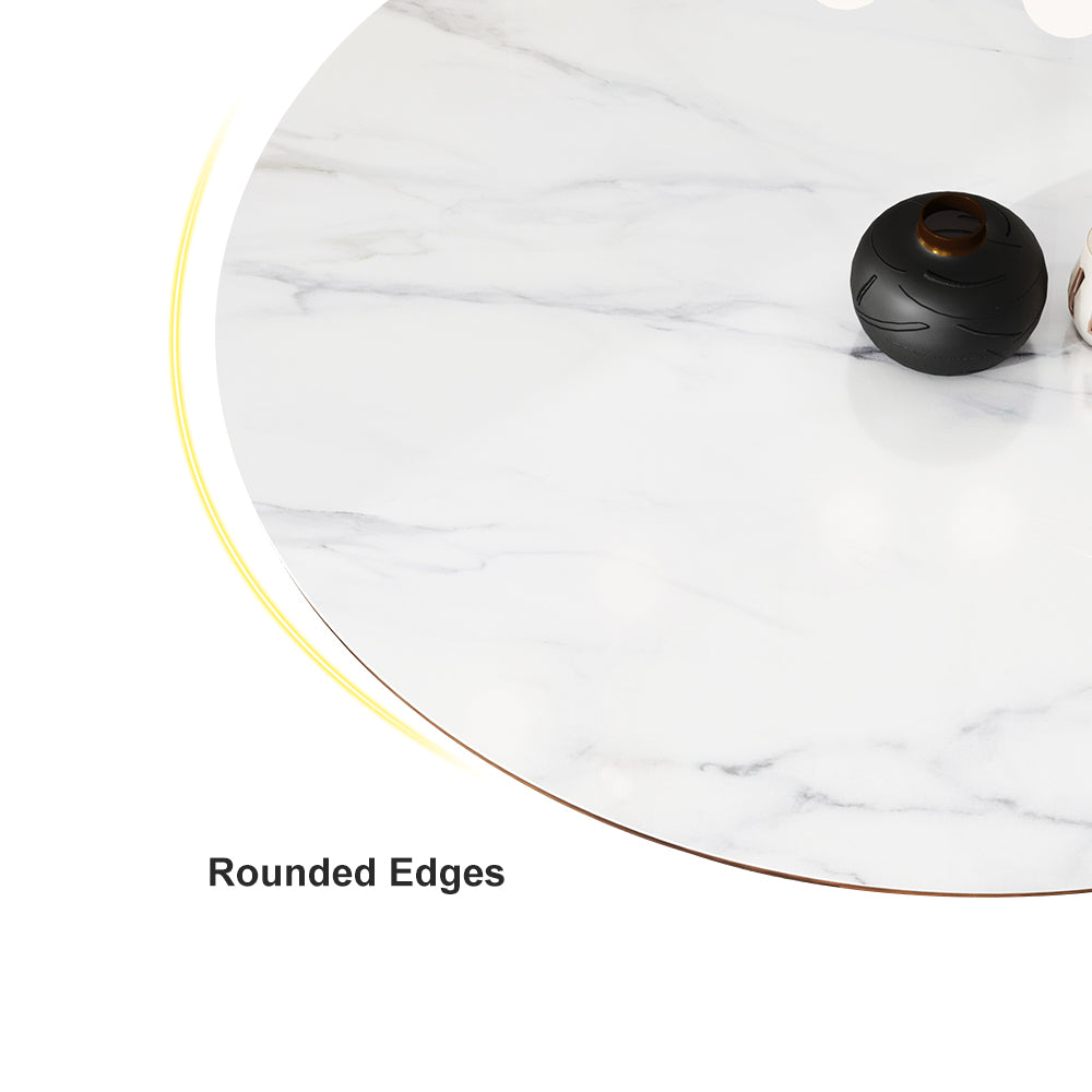 Mid Century 47" Round Dining Table White Faux Marble Tabletop for 6 Person Wooden Base