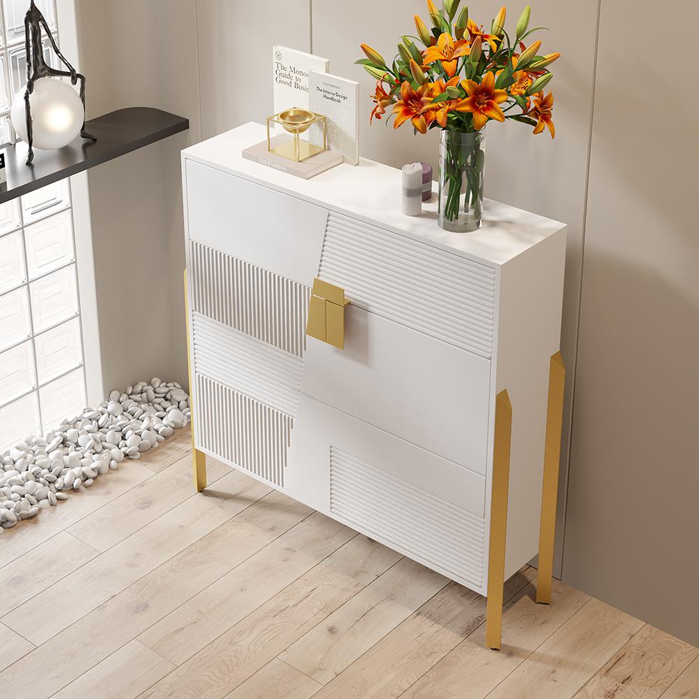 Modern Entryway White Shoe Storage Narrow Shoe Cabinet with 2 Flip Doors & 1 Drawer