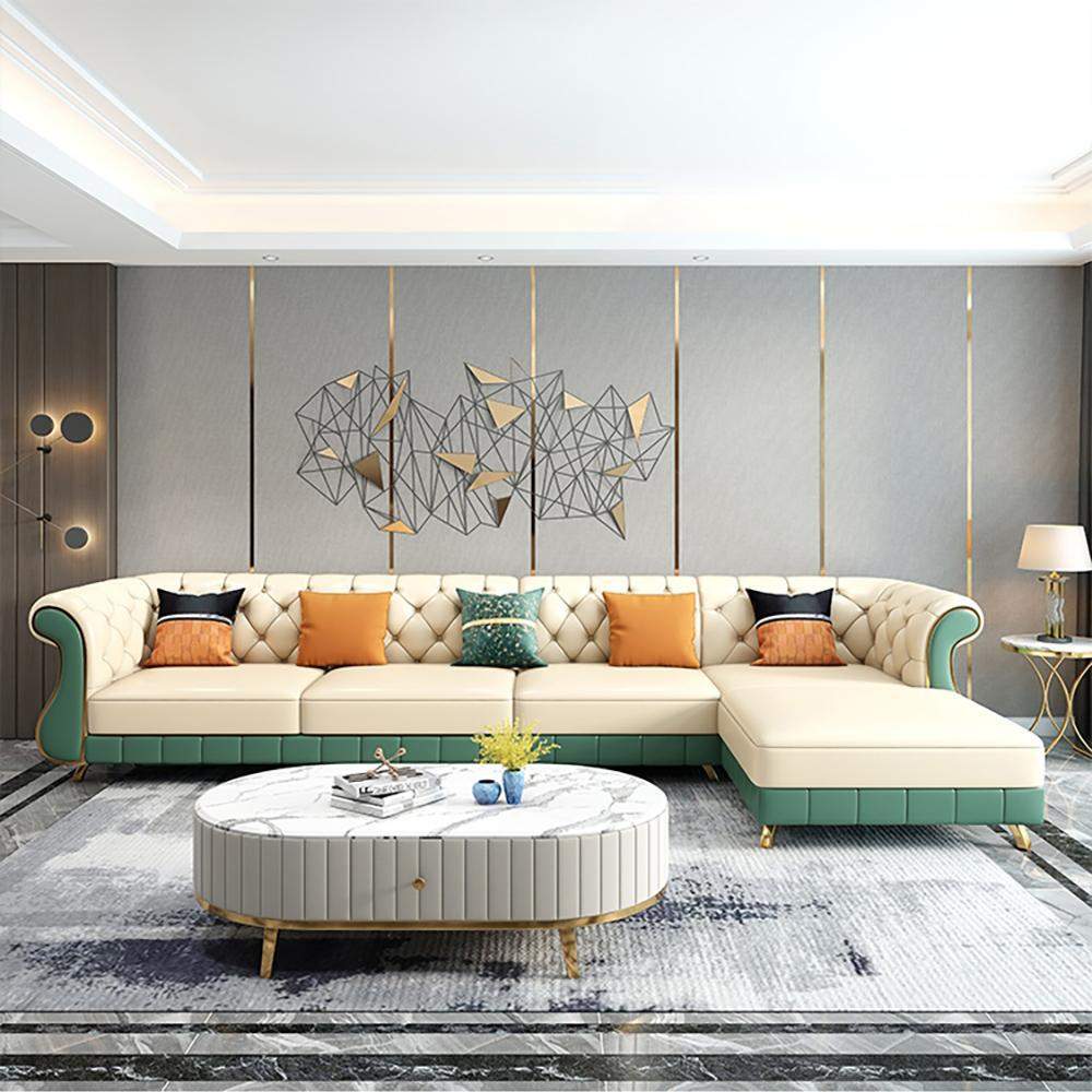 126" Beige & Green Faux Leather Sectional Sofa with Right Chaise-Furniture,Living Room Furniture,Sectionals