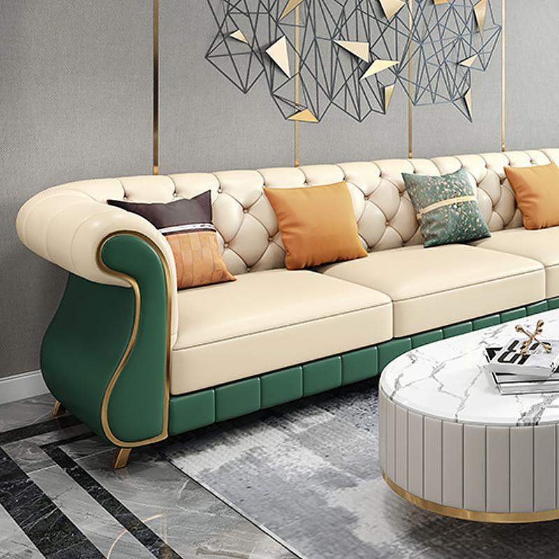 126" Beige & Green Faux Leather Sectional Sofa with Right Chaise-Furniture,Living Room Furniture,Sectionals