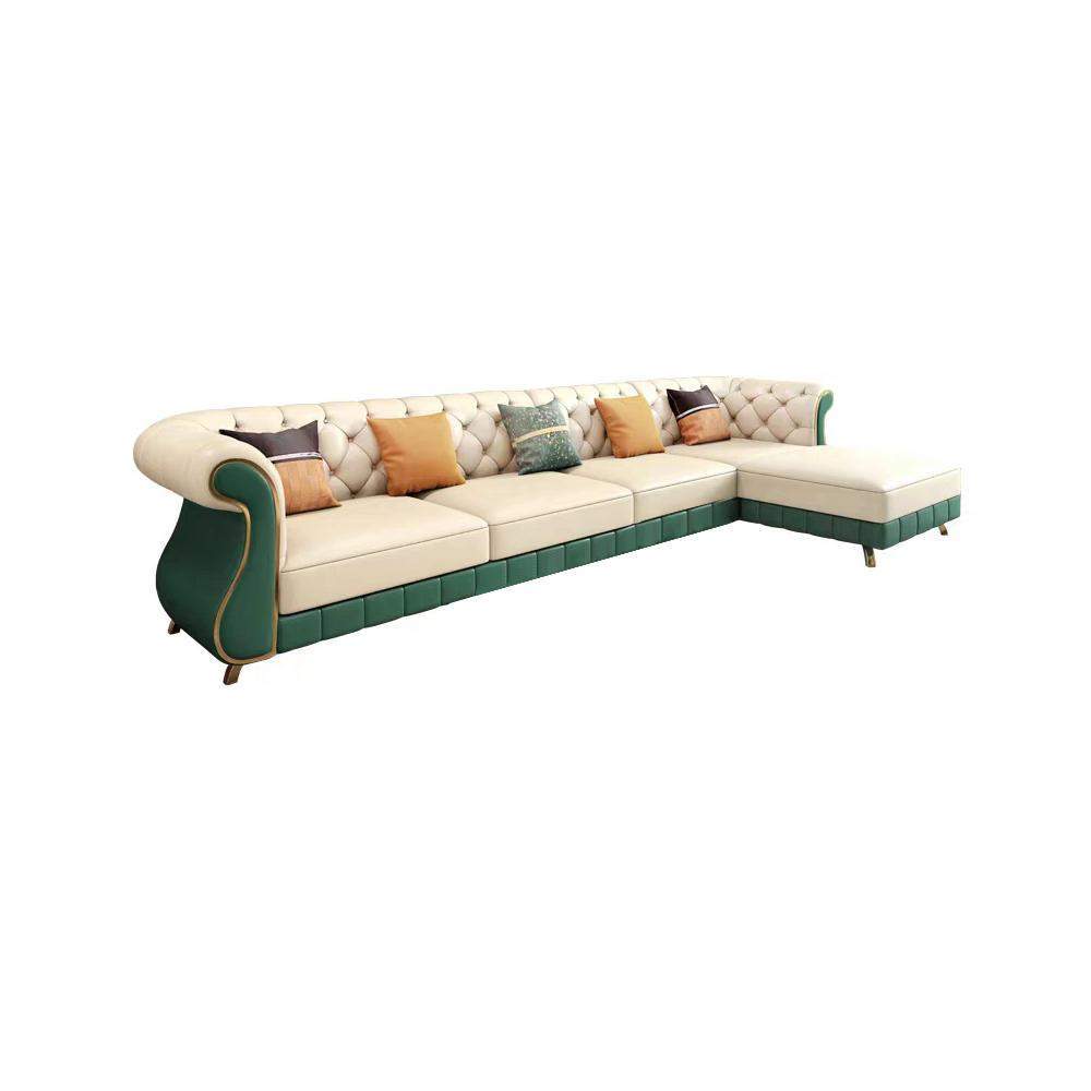 126" Beige & Green Faux Leather Sectional Sofa with Right Chaise-Furniture,Living Room Furniture,Sectionals