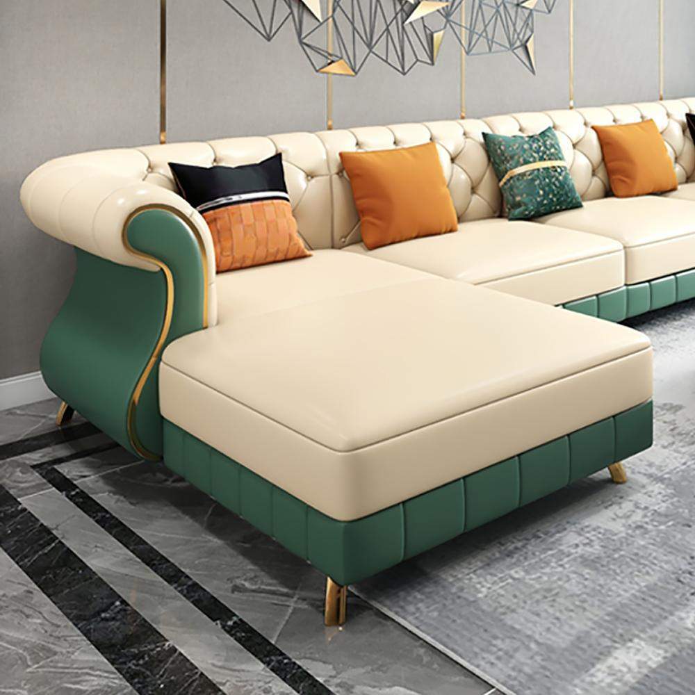 126" Beige & Green Faux Leather Sectional Sofa with Right Chaise-Furniture,Living Room Furniture,Sectionals