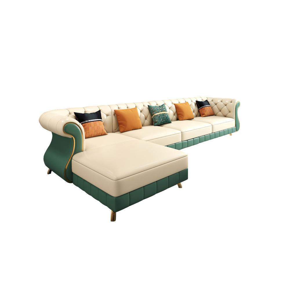 126" Beige & Green Faux Leather Sectional Sofa with Right Chaise-Furniture,Living Room Furniture,Sectionals