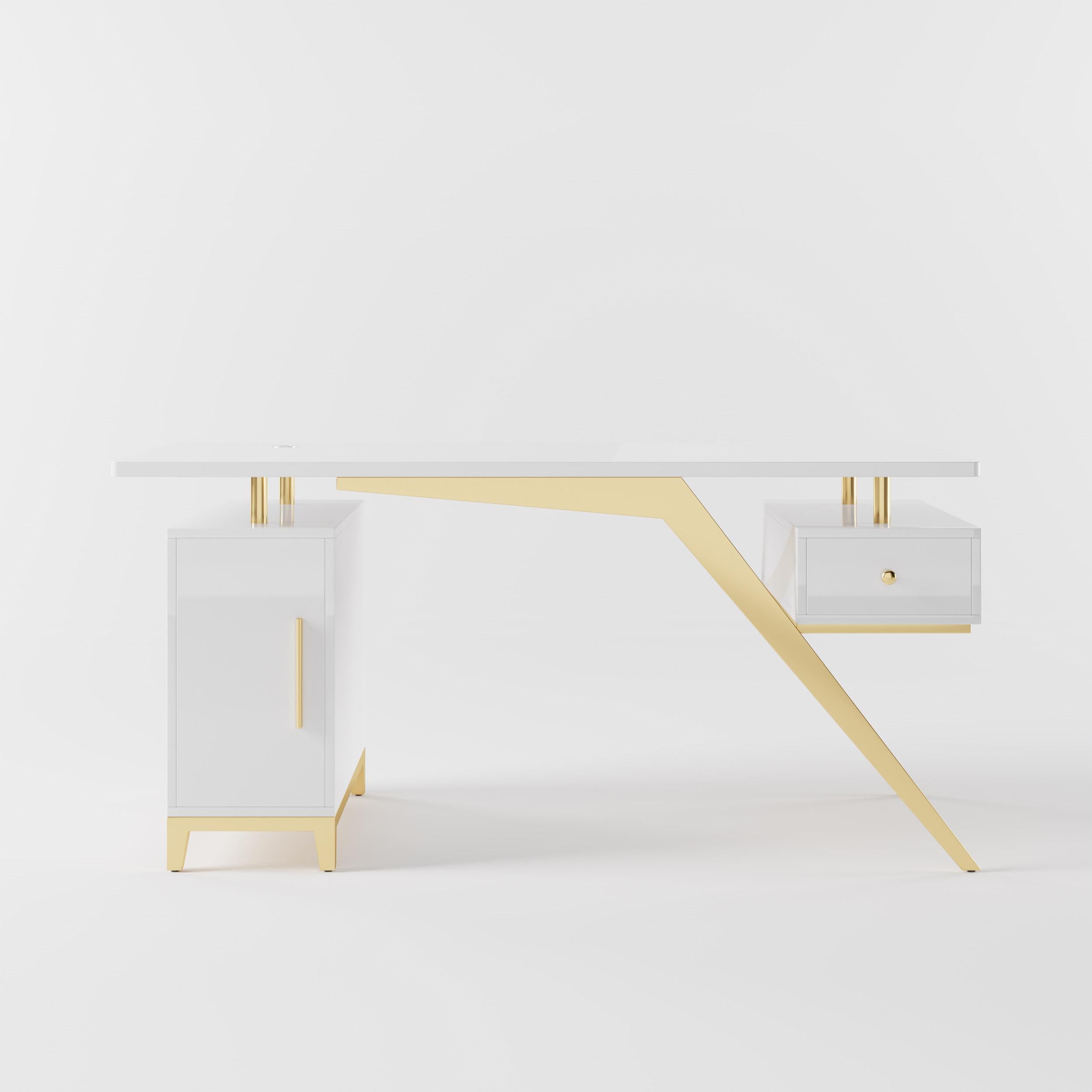 55" Ultra Modern White and Gold Computer Writing Desk with Storage & Drawer