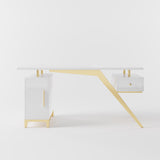 55" Ultra Modern White and Gold Computer Writing Desk with Storage & Drawer