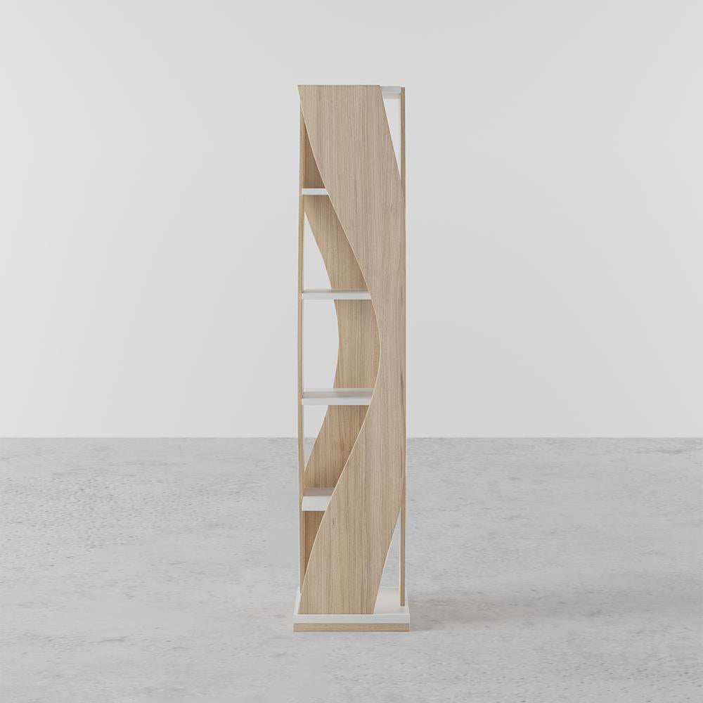 5-Tier Geometric Bookshelf Curved Shape Industrial Bookcase in Walnut & Black Rotating