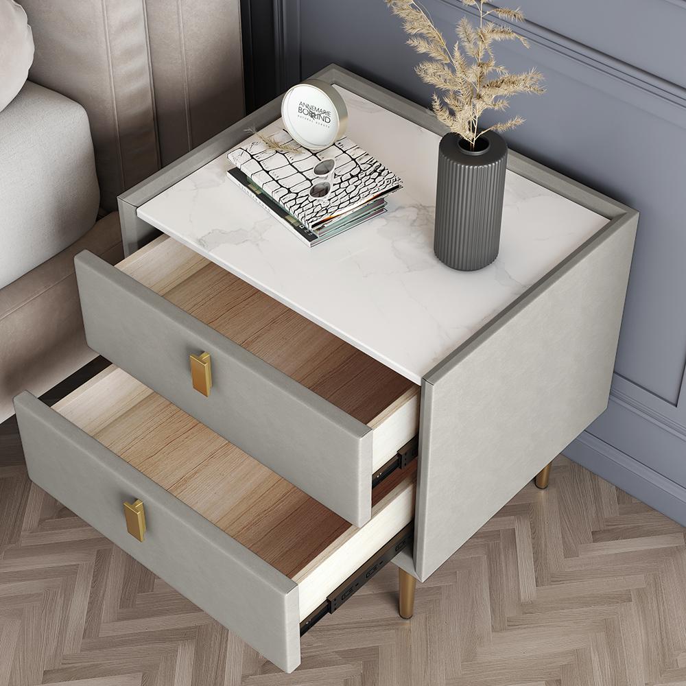Modern 2 Drawers PU Leather Bedside Table Nightstand with Gold Metal Legs
