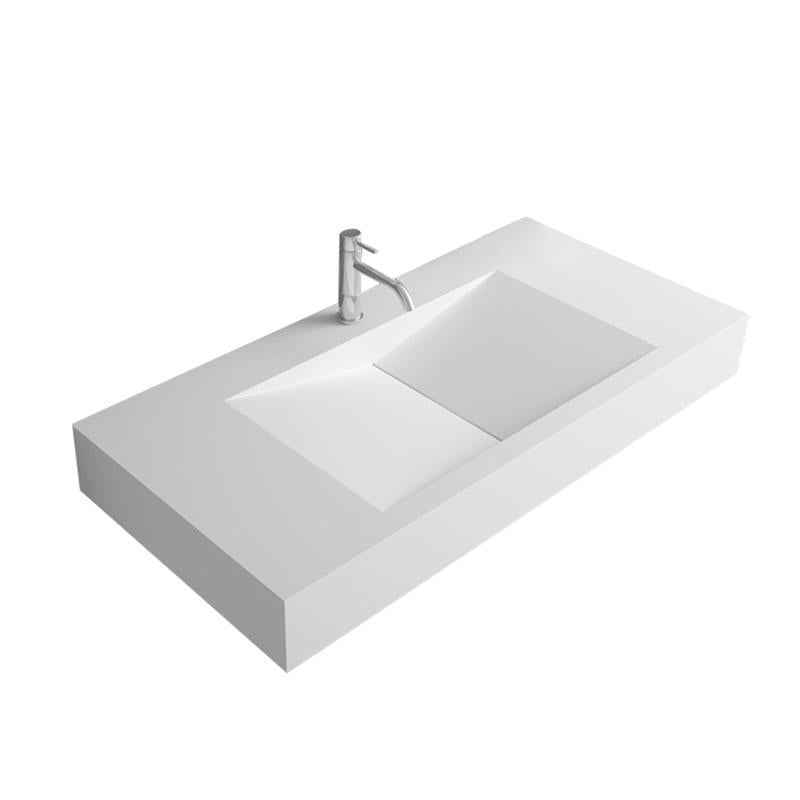 Glossy White Wall-Mount Floating Sink Solid Surface Stone Resin Bathroom V-Shaped Sink