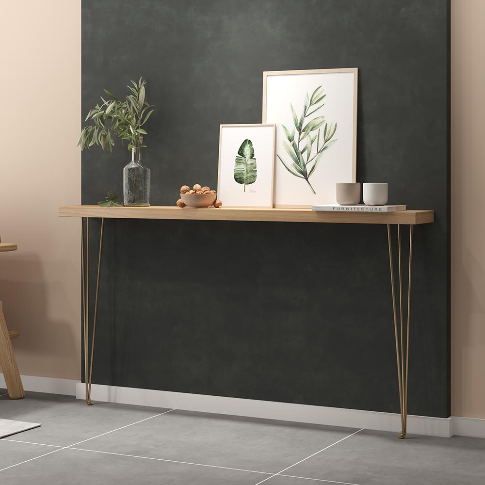 39" Modern Walnut Narrow Rectangular Console Table with Wooden Top Metal Legs