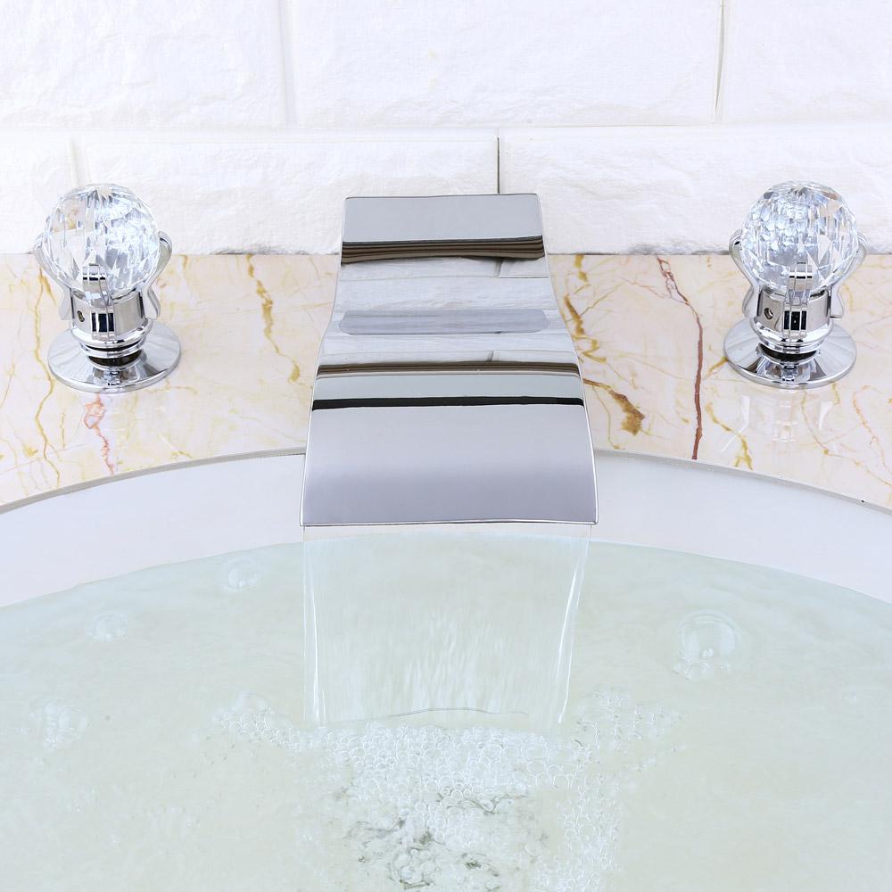 Deck Mount Widespread Waterfall 2 Crystal Handle Bathroom Sink Faucet Solid Brass