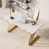 47" Modern White Rectangular Home Office Desk with Pine Wood Table Top & Gold Frame
