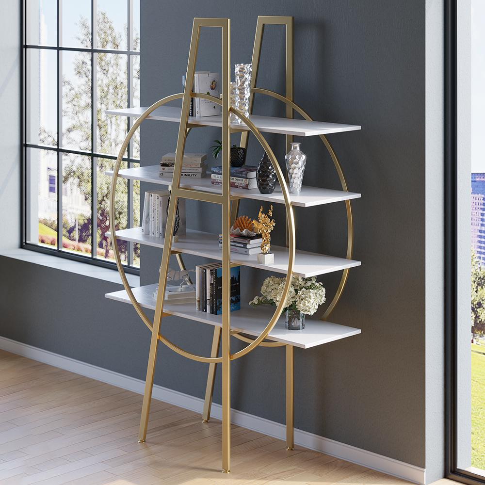 4-Tier Round Open Bookshelf White Display Shelf Gold Frame