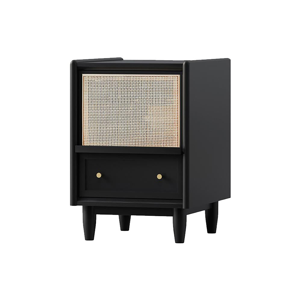 Rustic Rattan Nightstand Simple Walnut Bedroom with Storage Solid Wood Bedside Table