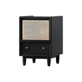 Rustic Rattan Nightstand Simple Walnut Bedroom with Storage Solid Wood Bedside Table