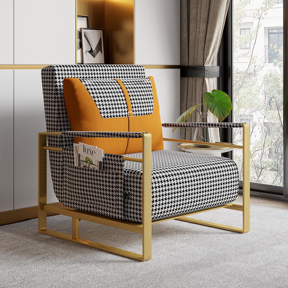 Modern Orange Houndstooth Single Sofabed Convertible Sleeper with Side Storage